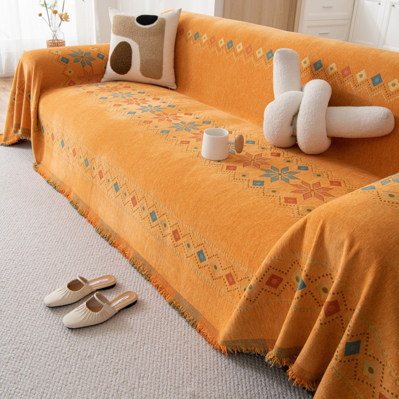 Sofa Throw Reversible Geometric Chenille Fringed