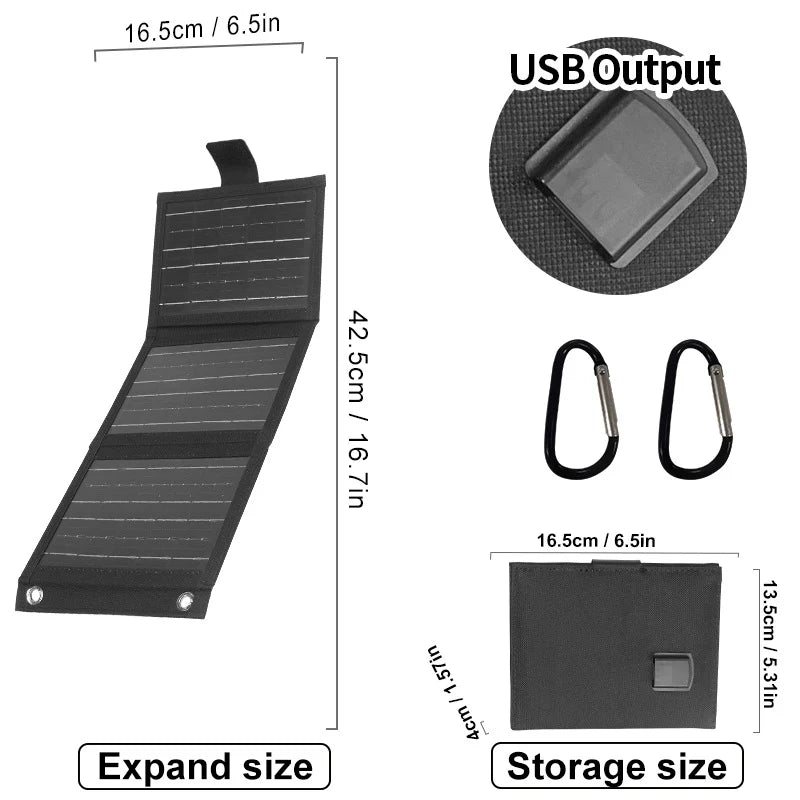 Solar Charger Foldable USB Ports Weatherproof Carabiner