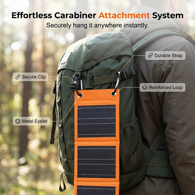 Solar Charger Foldable USB Ports Weatherproof Carabiner