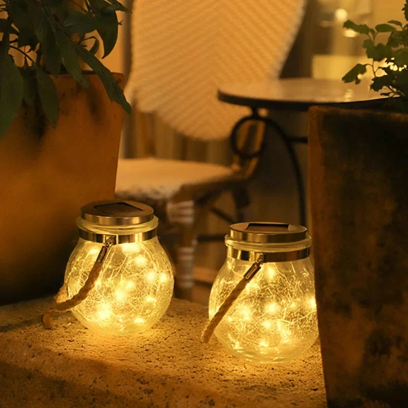 Solar Garden Lantern Auto Dusk Sensor Crackle Glass