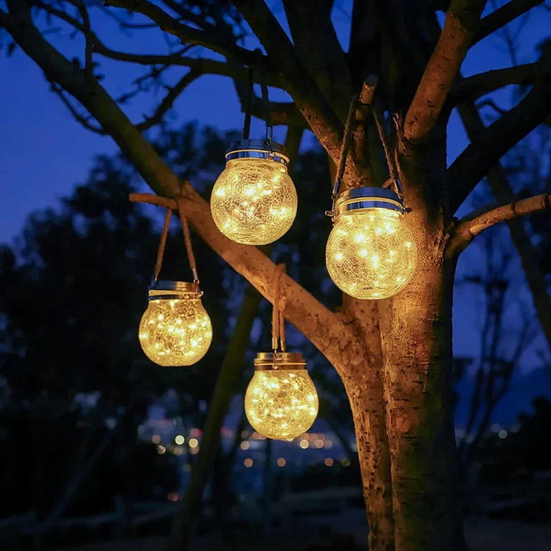 Solar Garden Lantern Auto Dusk Sensor Crackle Glass