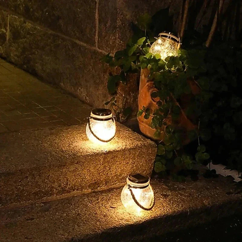 Solar Garden Lantern Auto Dusk Sensor Crackle Glass