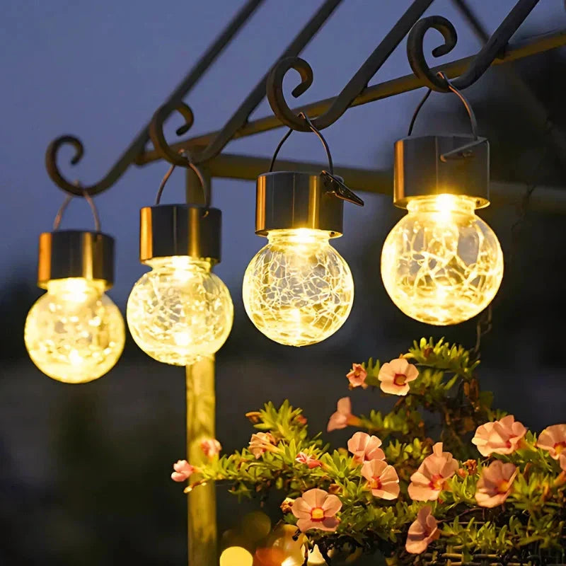 Solar Garden Lantern Auto Dusk Sensor Crackle Glass