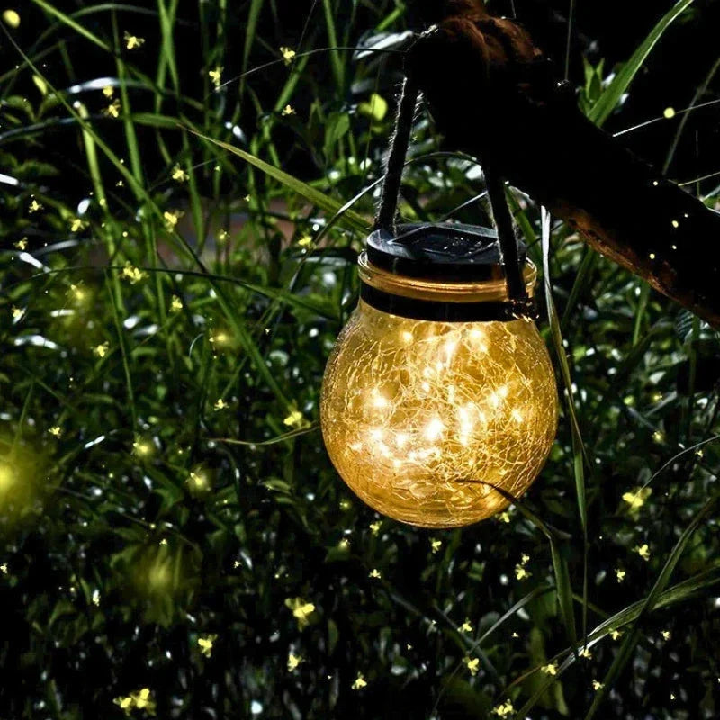 Solar Garden Lantern Auto Dusk Sensor Crackle Glass