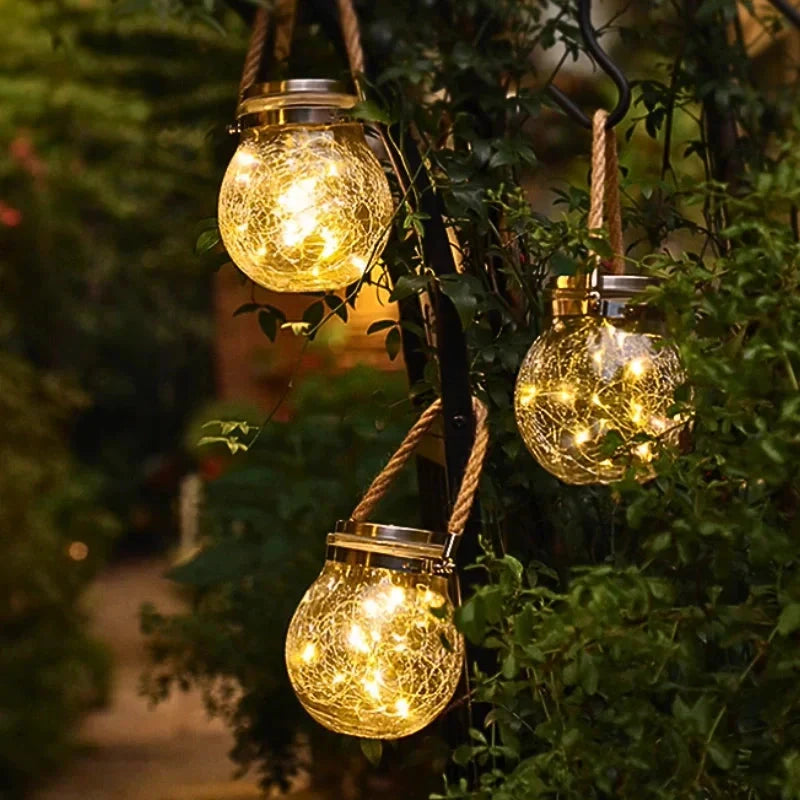 Solar Garden Lantern Auto Dusk Sensor Crackle Glass
