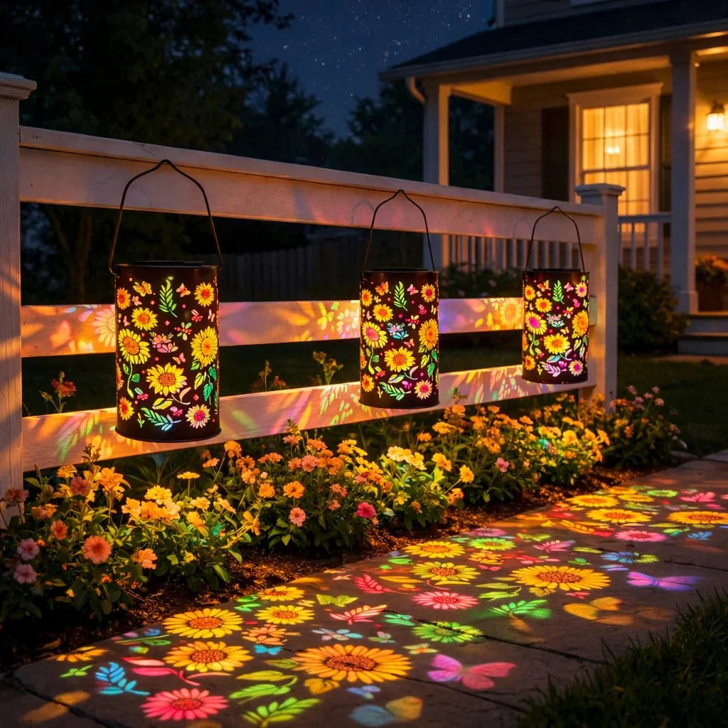 Solar Garden Lantern Flower & Butterfly Projection Dusk-To-Dawn