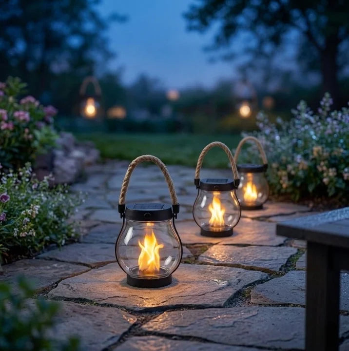 Solar Lantern Realistic Flame Flicker USB-C Rechargeable Weatherproof