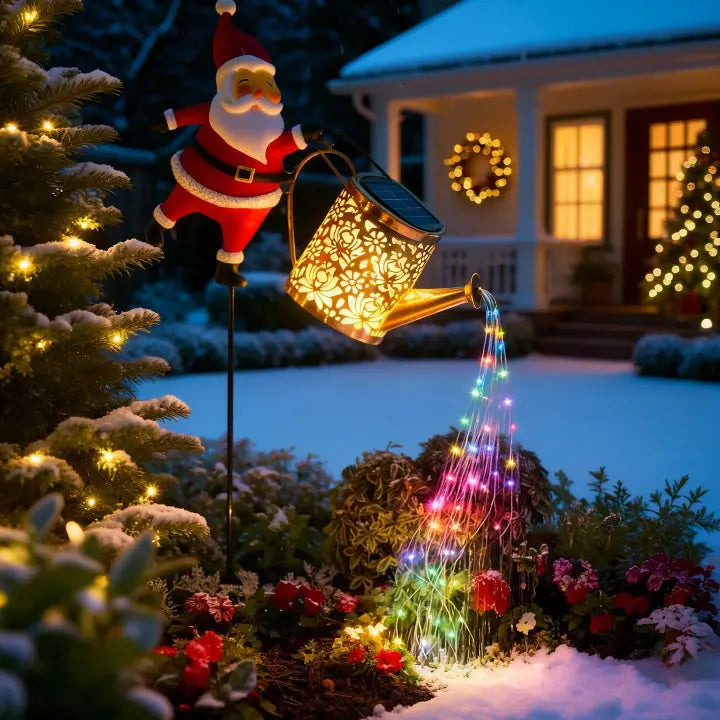 Solar Watering Can Metal Santa Multicolor LEDs