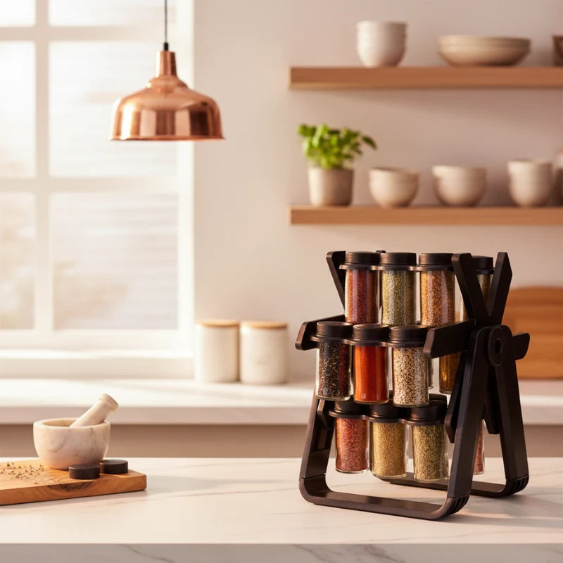 Spice Rack 360° Rotating 18 Glass Jars BPA-Free Frame
