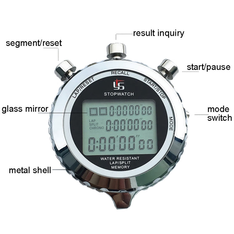 Sports Stopwatch 1/100s Precision Stainless Steel 3-Line Display