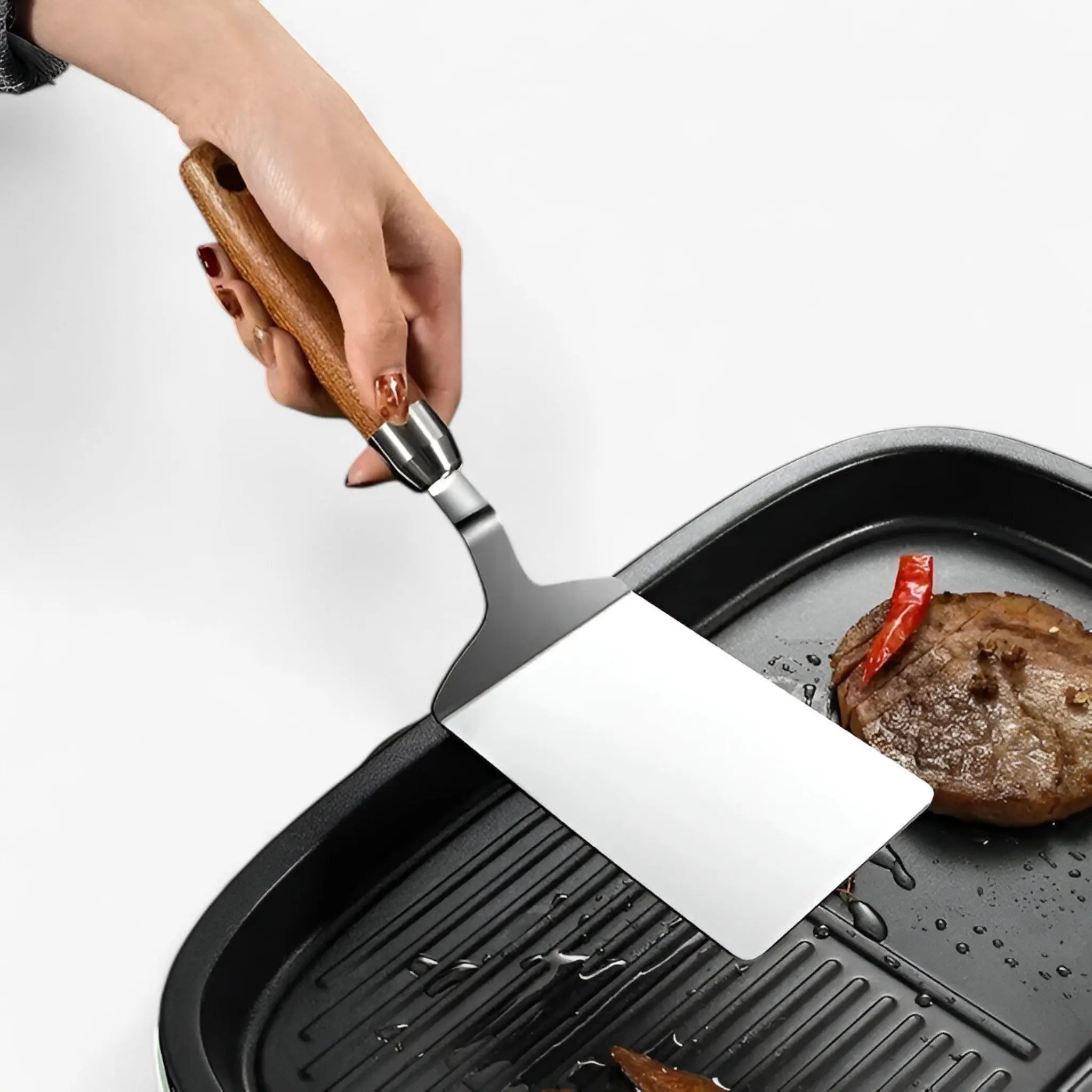 Square Spatula Thin Sharp Edge Stainless Steel Wooden Handle