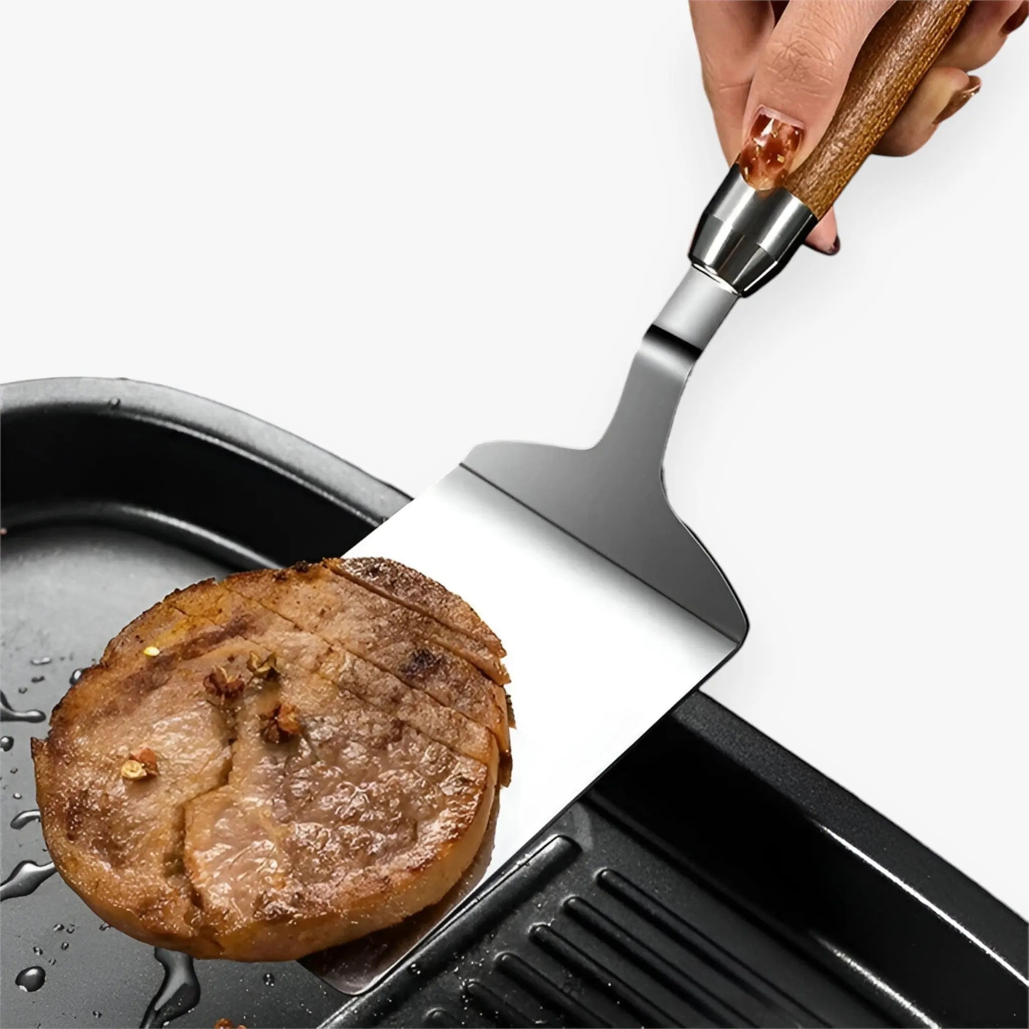 Square Spatula Thin Sharp Edge Stainless Steel Wooden Handle