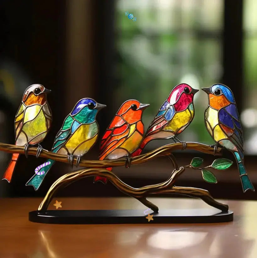 Stained Glass Window Birds Handcrafted Multicolored With Hanging Wire