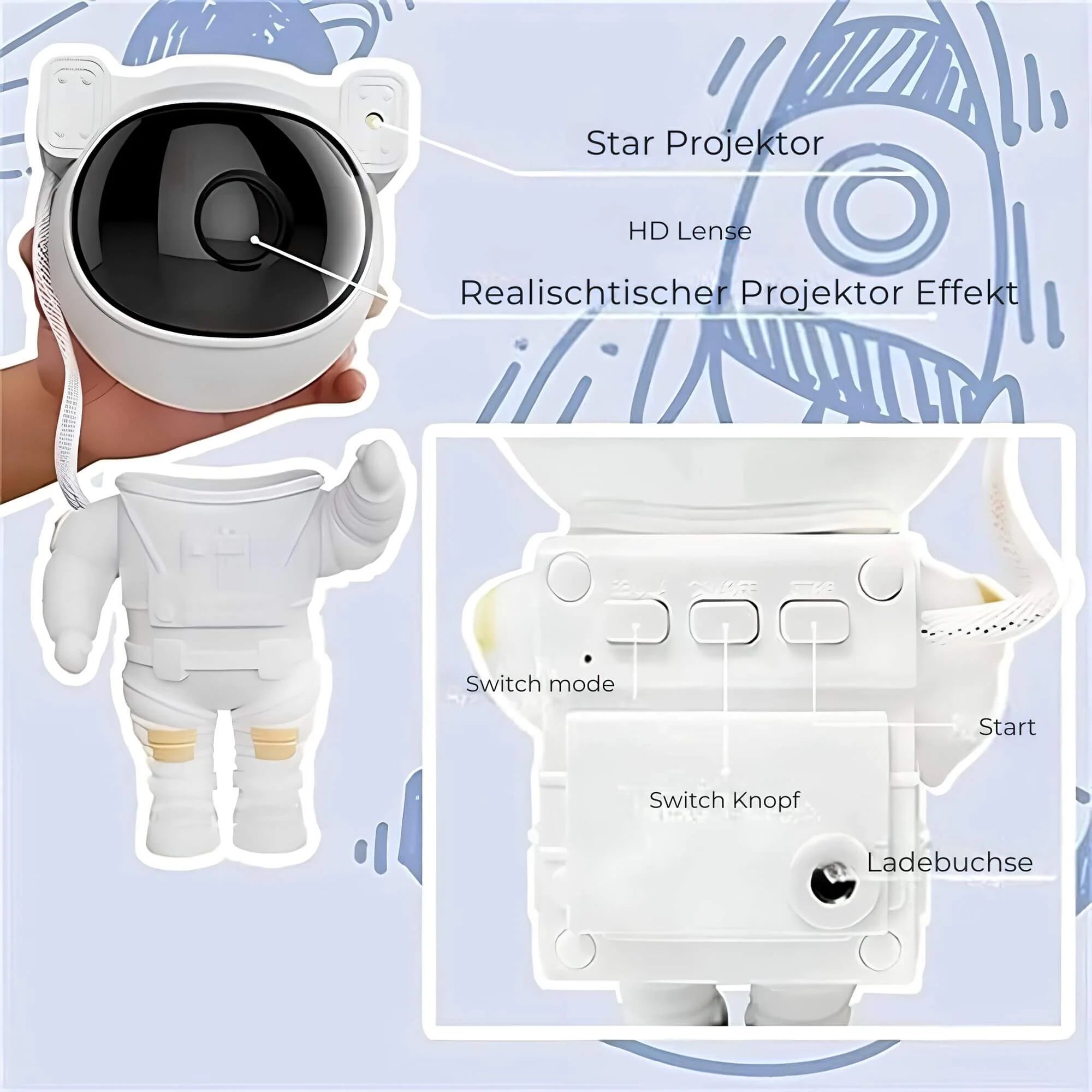 Starry Sky Projector Astronaut Design Remote Control Rotating Head