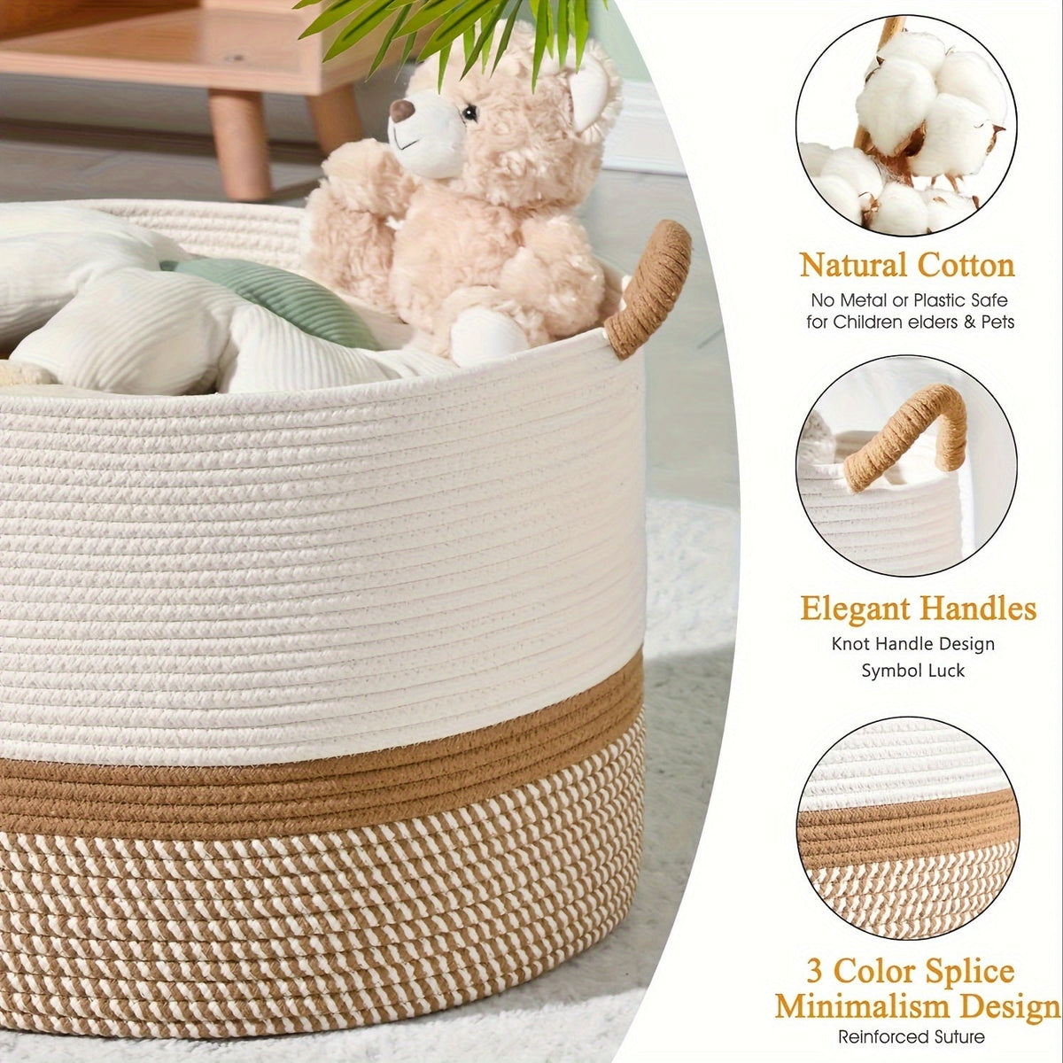 Storage Basket Cotton Boho Striped Rope Handles