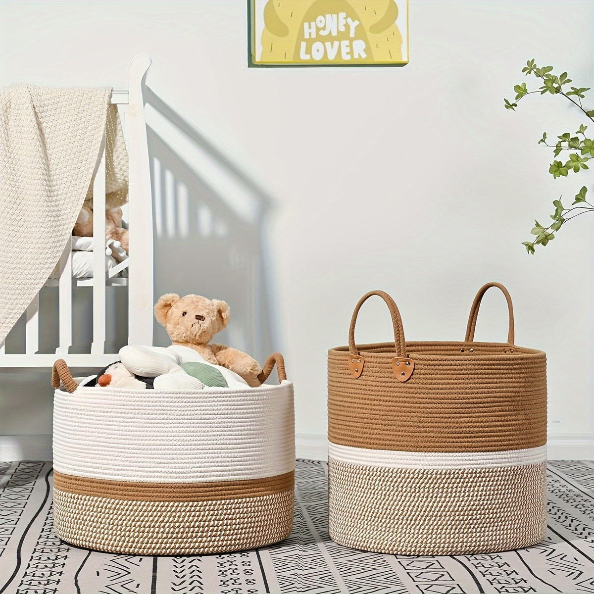Storage Basket Cotton Boho Striped Rope Handles