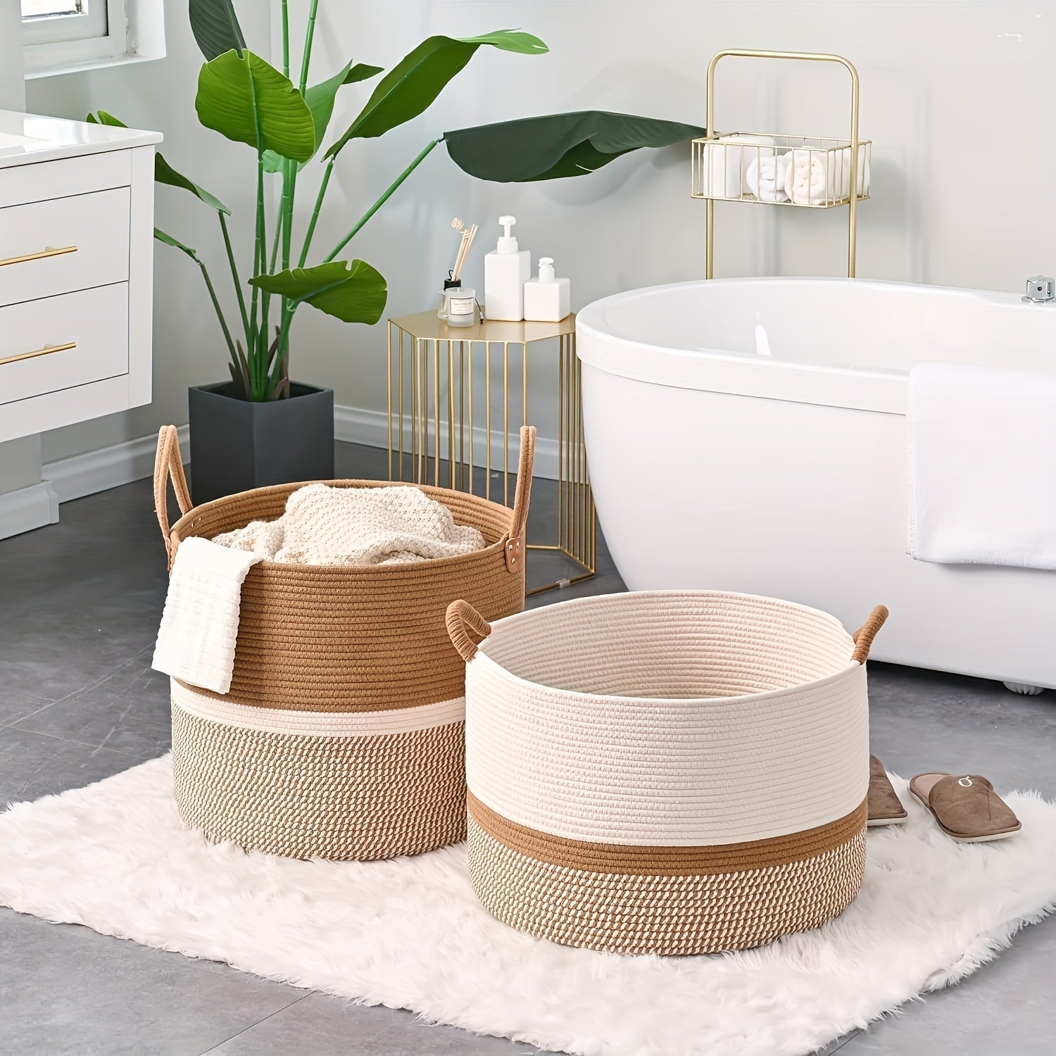 Storage Basket Cotton Boho Striped Rope Handles