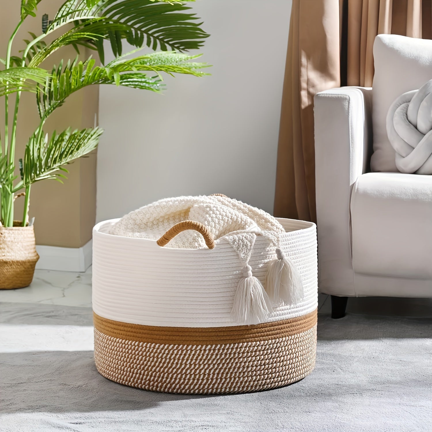 Storage Basket Cotton Boho Striped Rope Handles