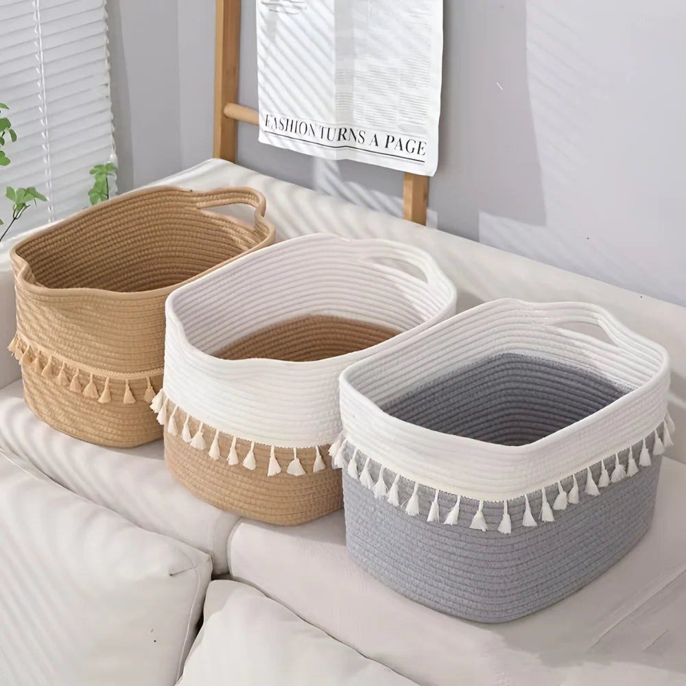 Storage Basket Cotton Rope Tassels & Handles