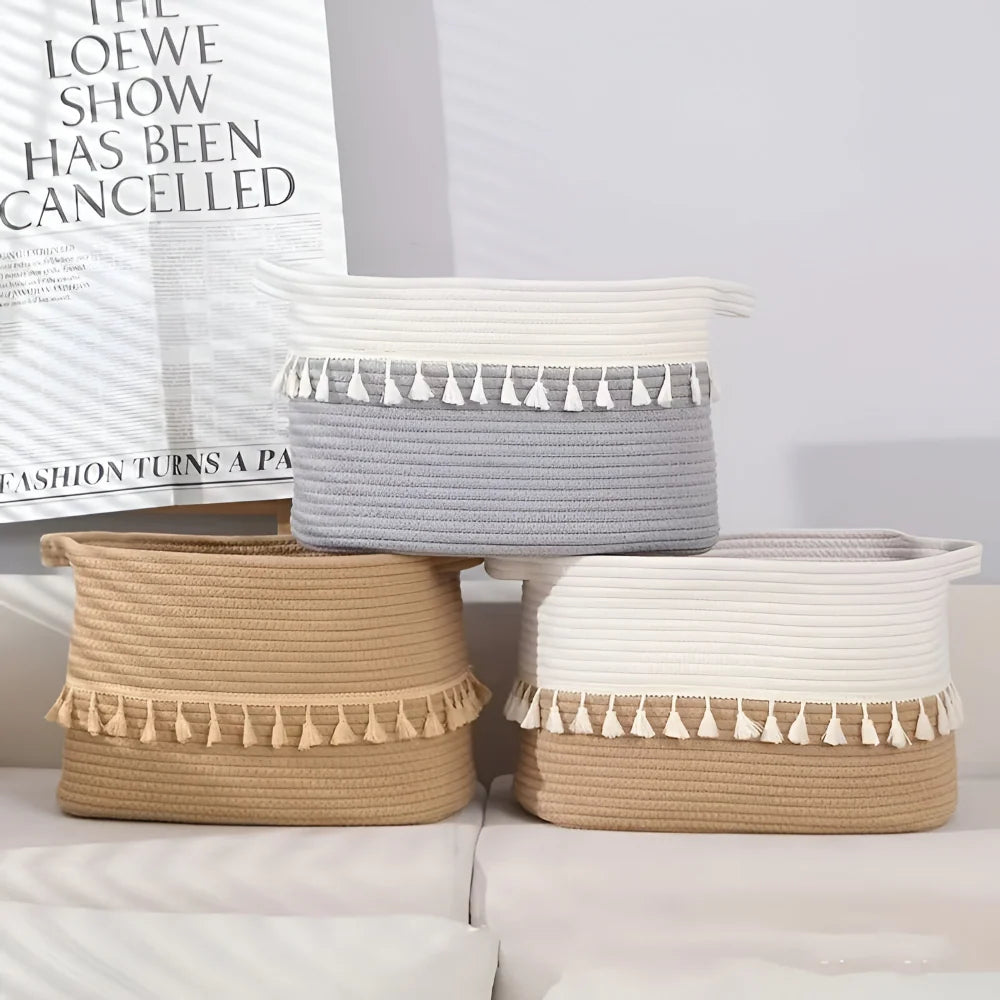 Storage Basket Cotton Rope Tassels & Handles