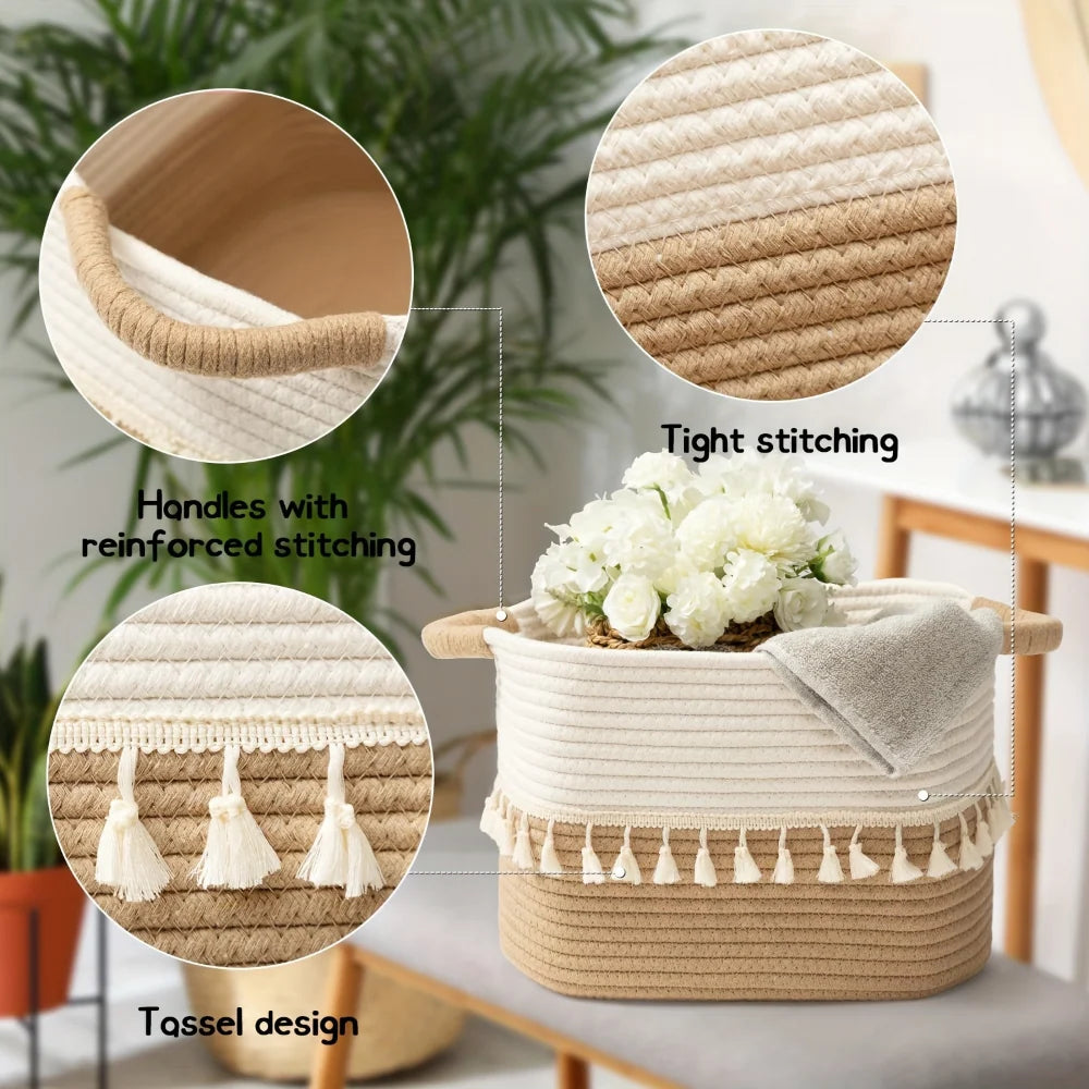 Storage Basket Cotton Rope Tassels & Handles