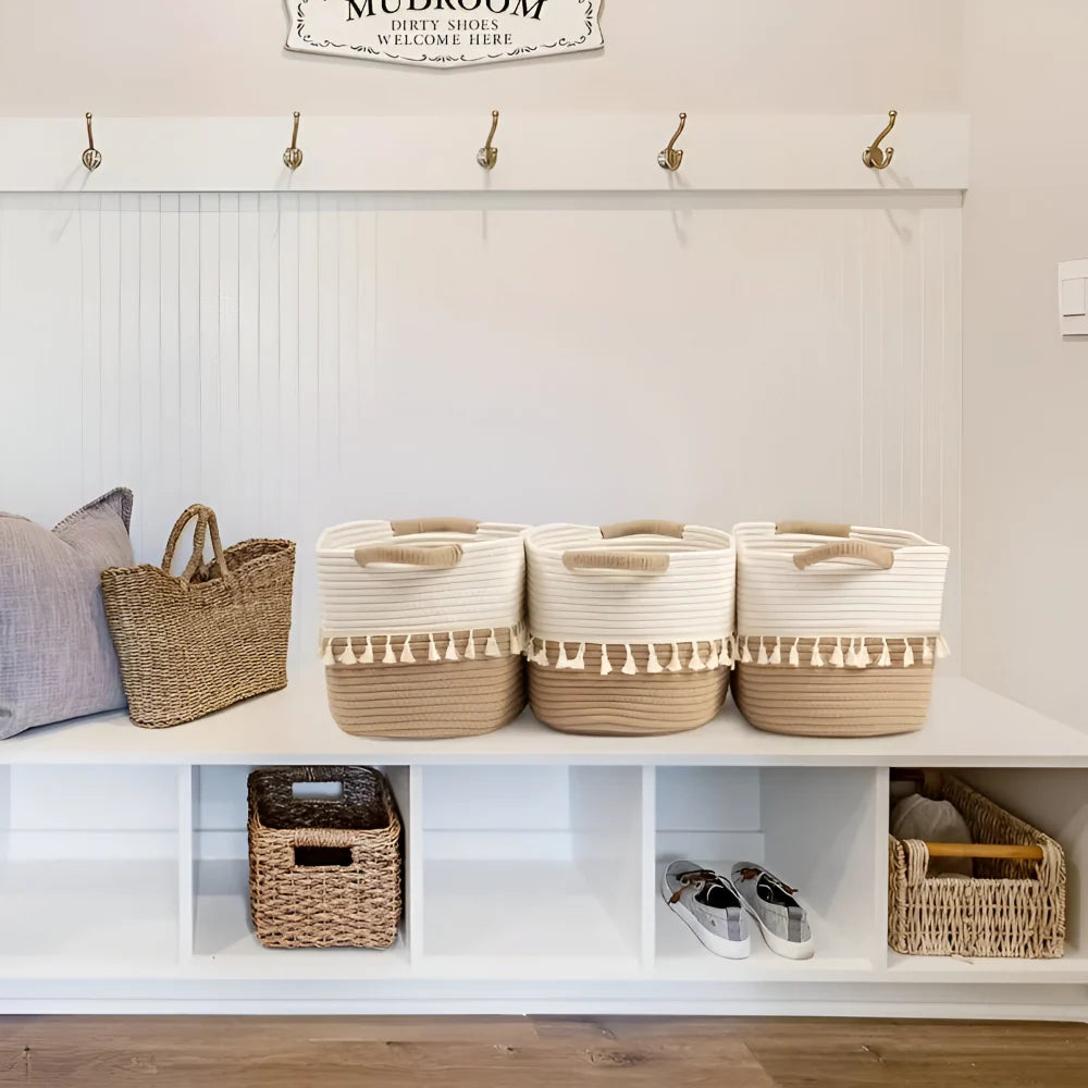 Storage Basket Cotton Rope Tassels & Handles