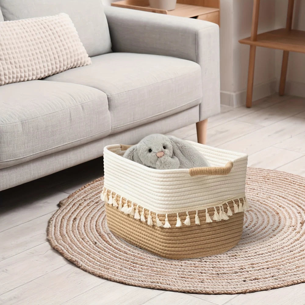Storage Basket Cotton Rope Tassels & Handles