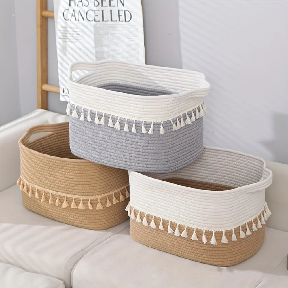Storage Basket Cotton Rope Tassels & Handles