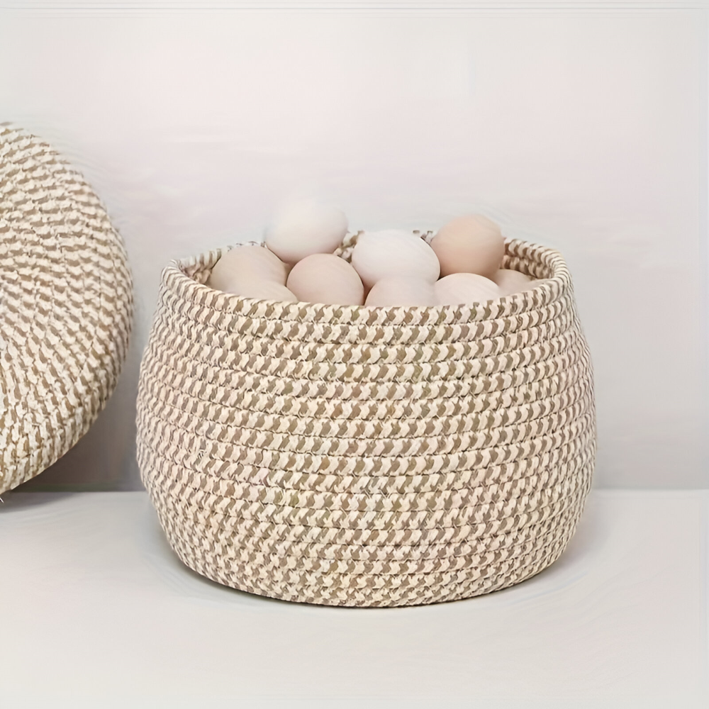 Storage Basket Handwoven Jute-Cotton Lidded Three Sizes