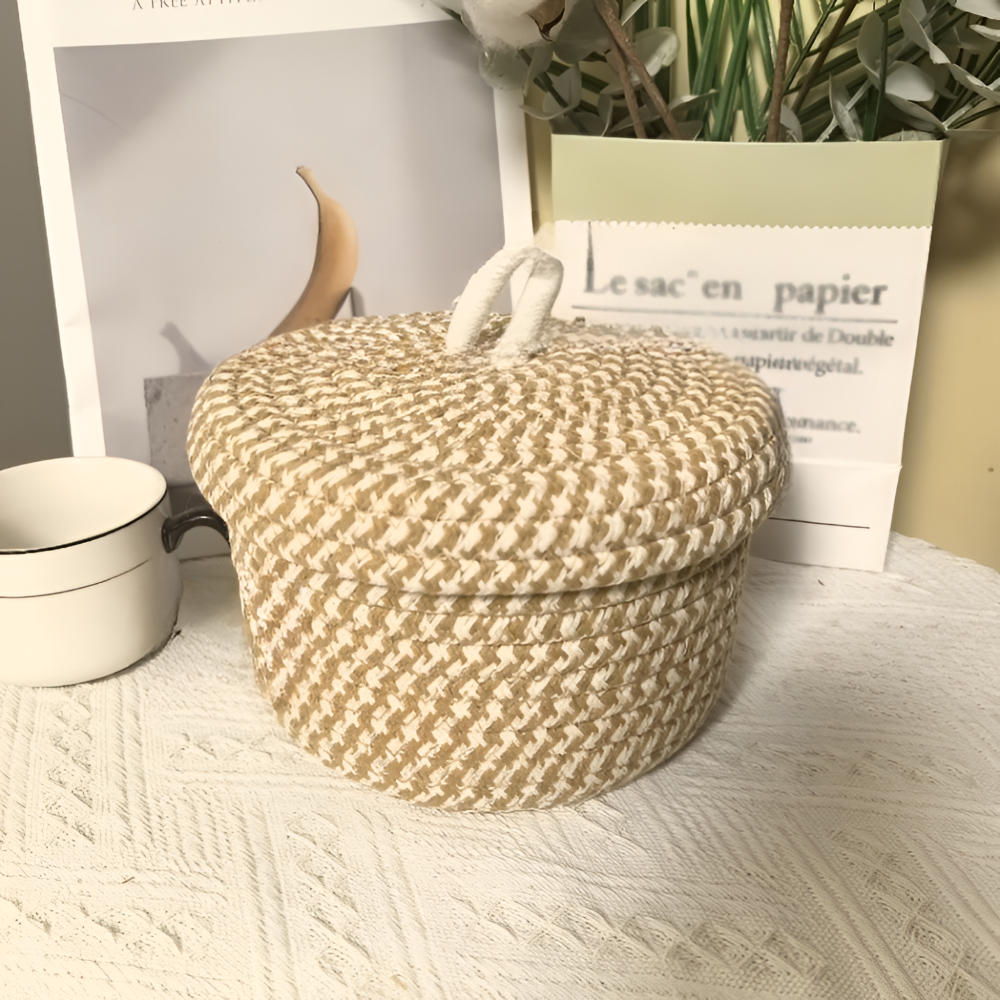 Storage Basket Handwoven Jute-Cotton Lidded Three Sizes