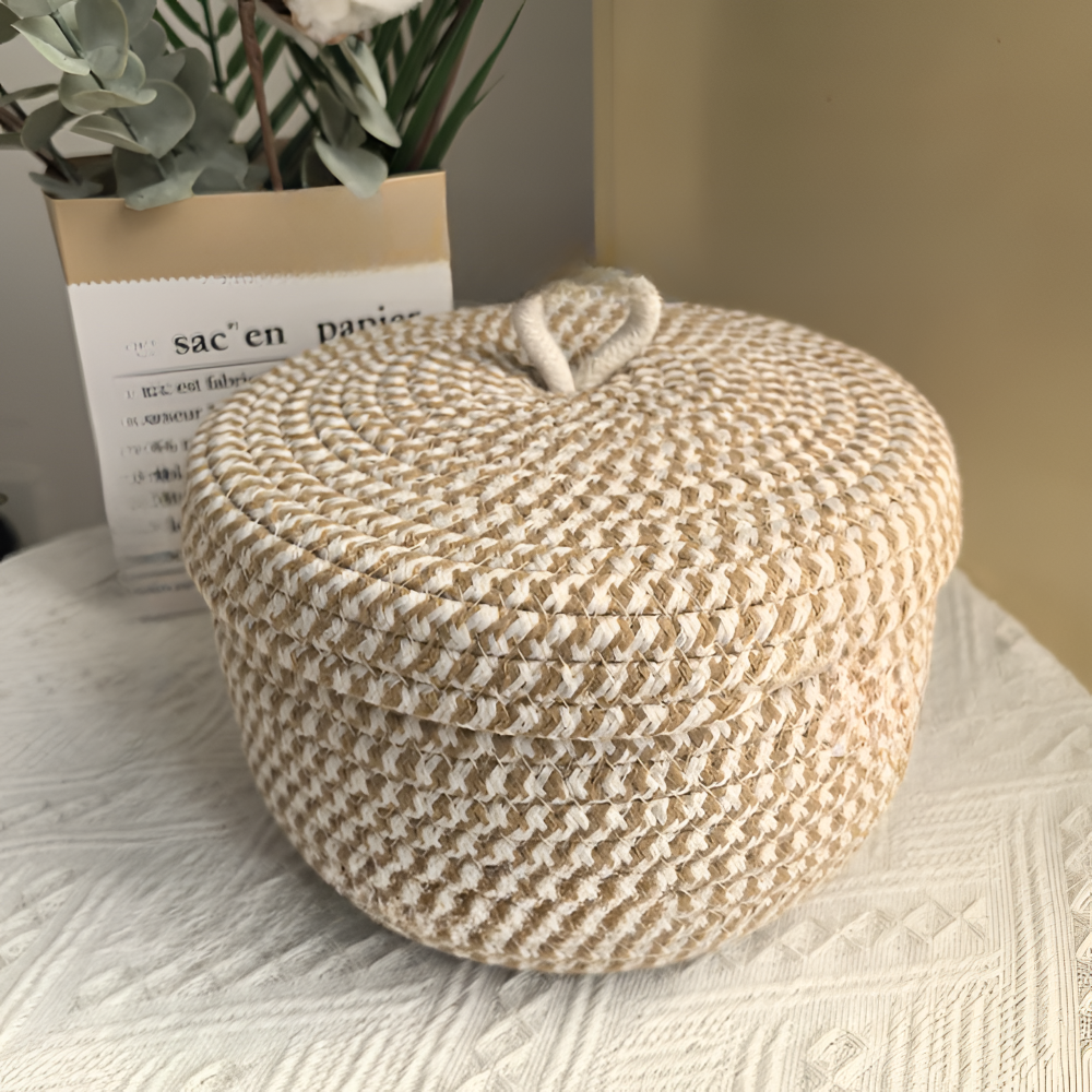 Storage Basket Handwoven Jute-Cotton Lidded Three Sizes