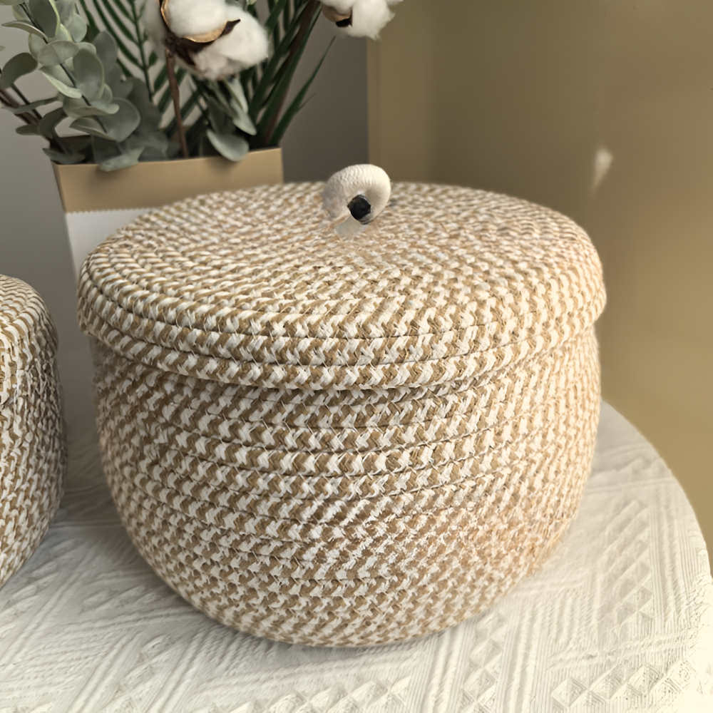 Storage Basket Handwoven Jute-Cotton Lidded Three Sizes