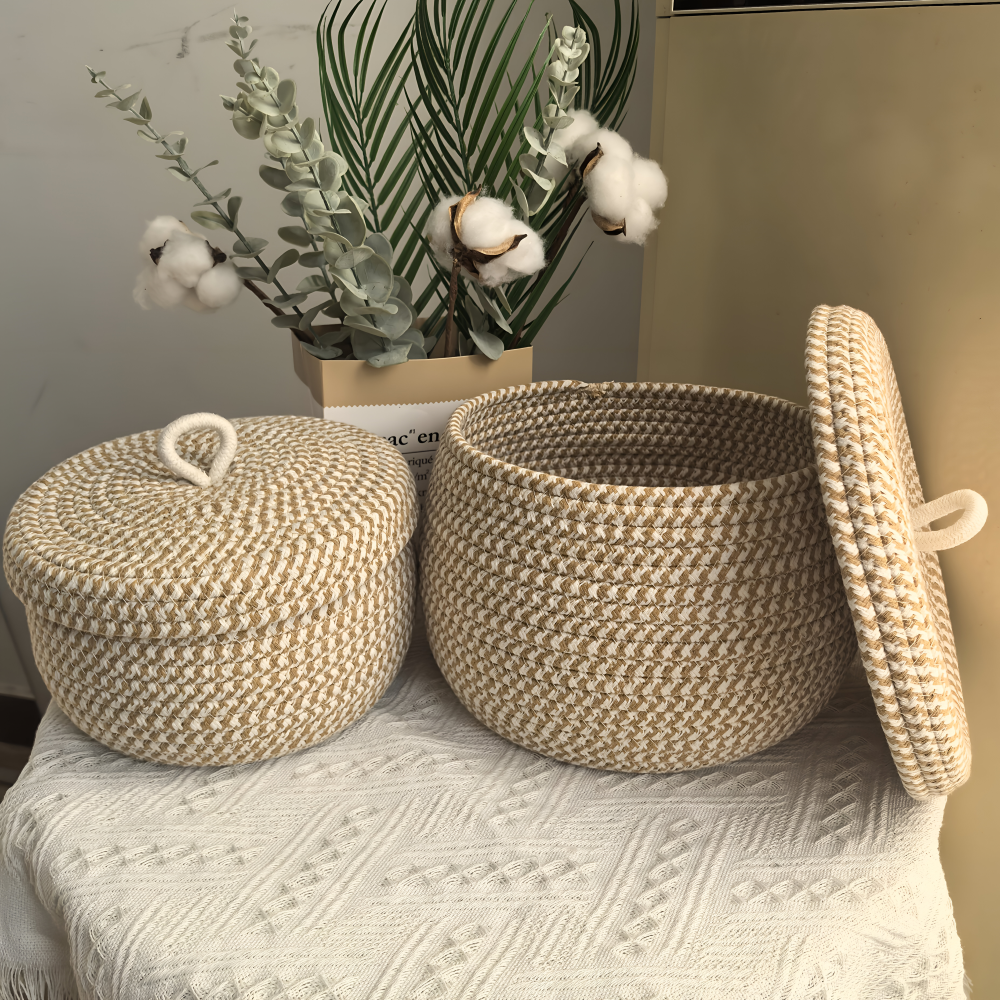 Storage Basket Handwoven Jute-Cotton Lidded Three Sizes