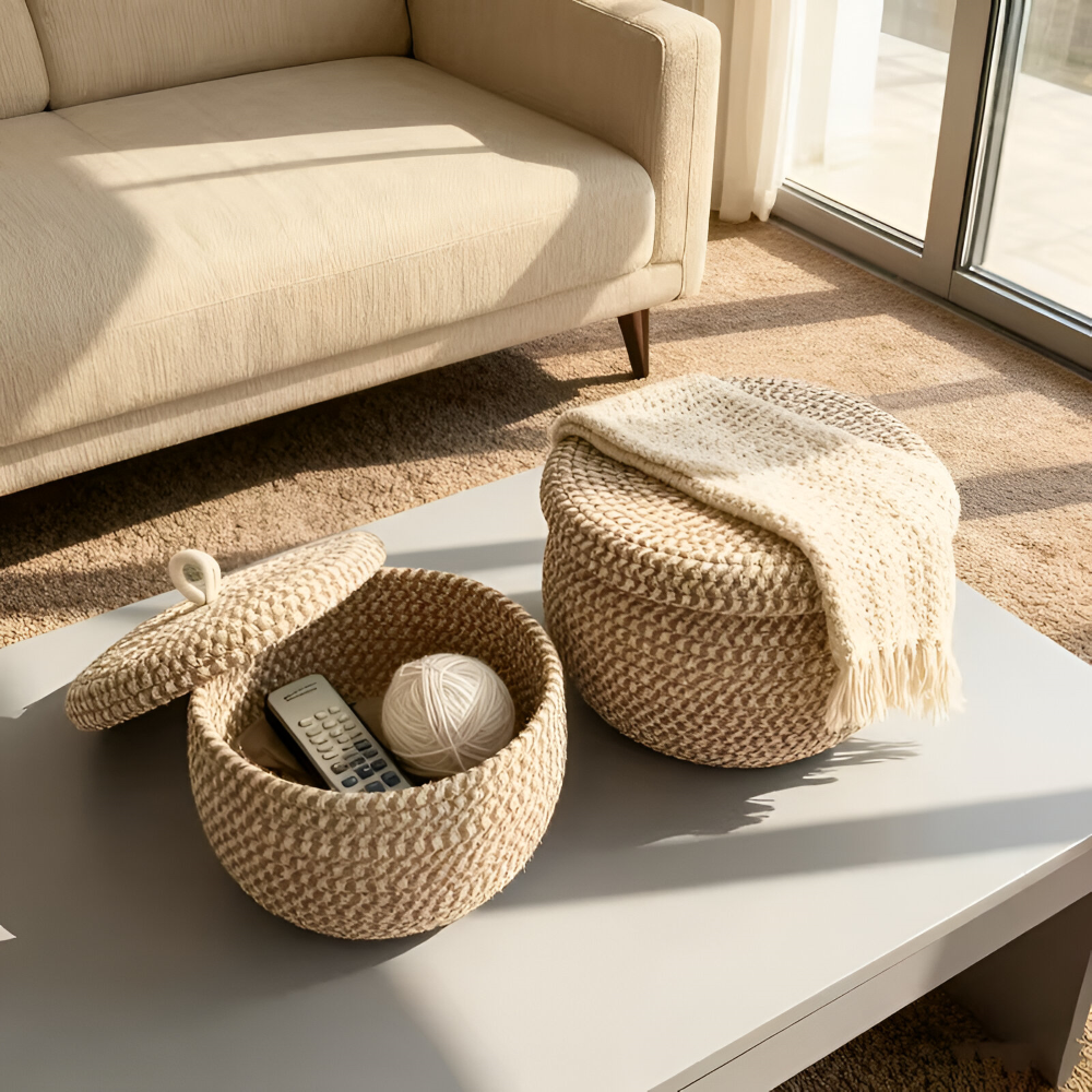 Storage Basket Handwoven Jute-Cotton Lidded Three Sizes