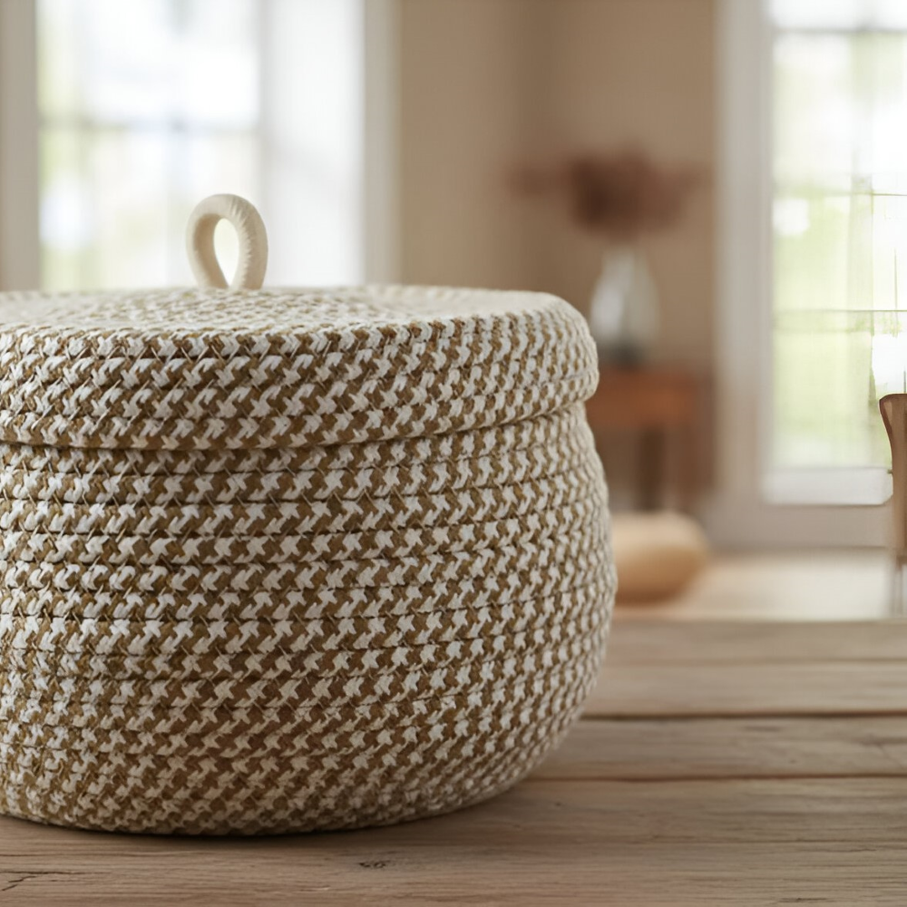 Storage Basket Round Woven Jute-Cotton With Matching Lid