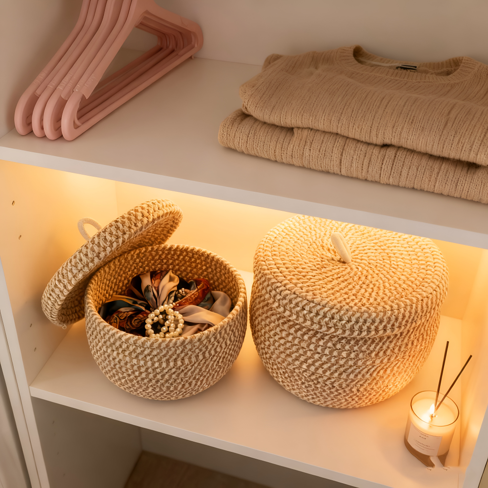 Storage Basket Round Woven Jute-Cotton With Matching Lid