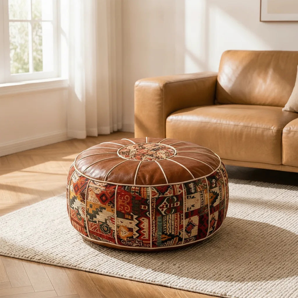 Storage Ottoman Kilim Patchwork Padded Faux Leather Seat