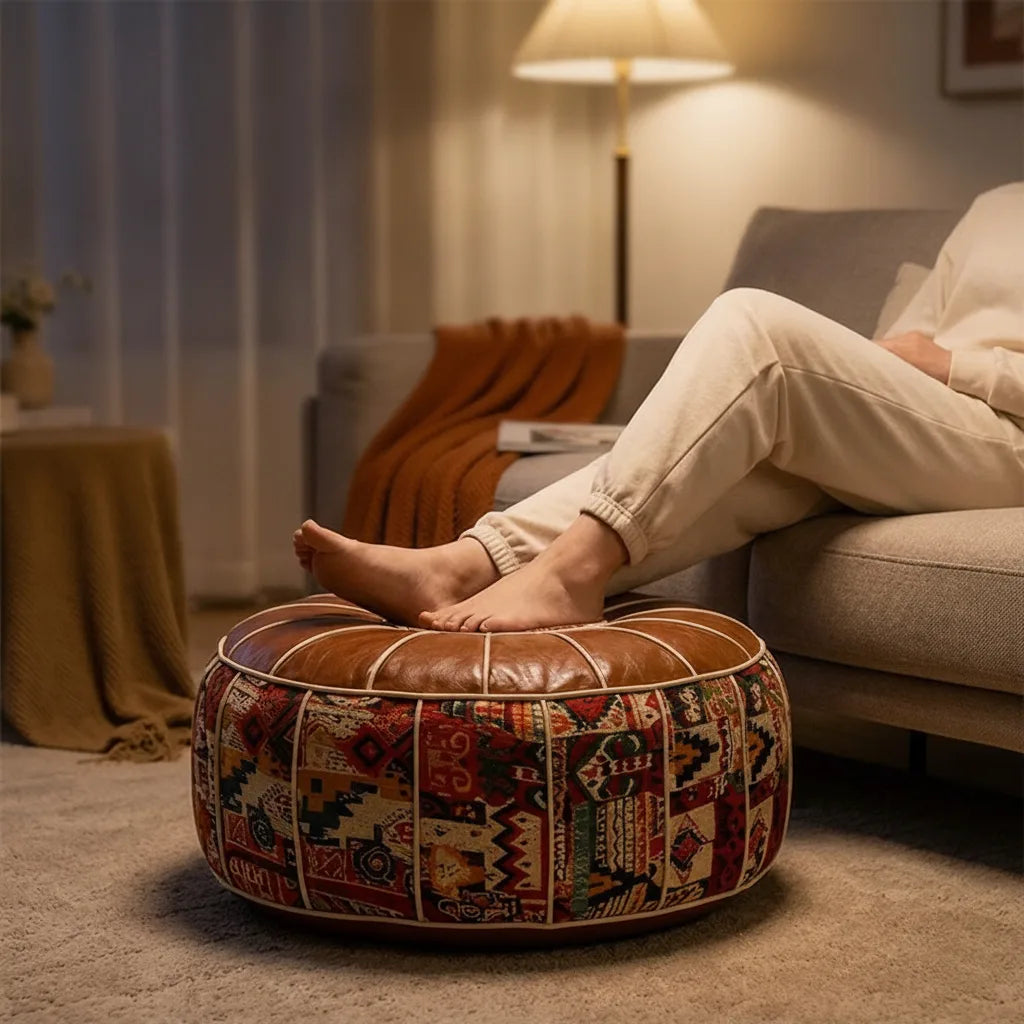 Storage Ottoman Kilim Patchwork Padded Faux Leather Seat