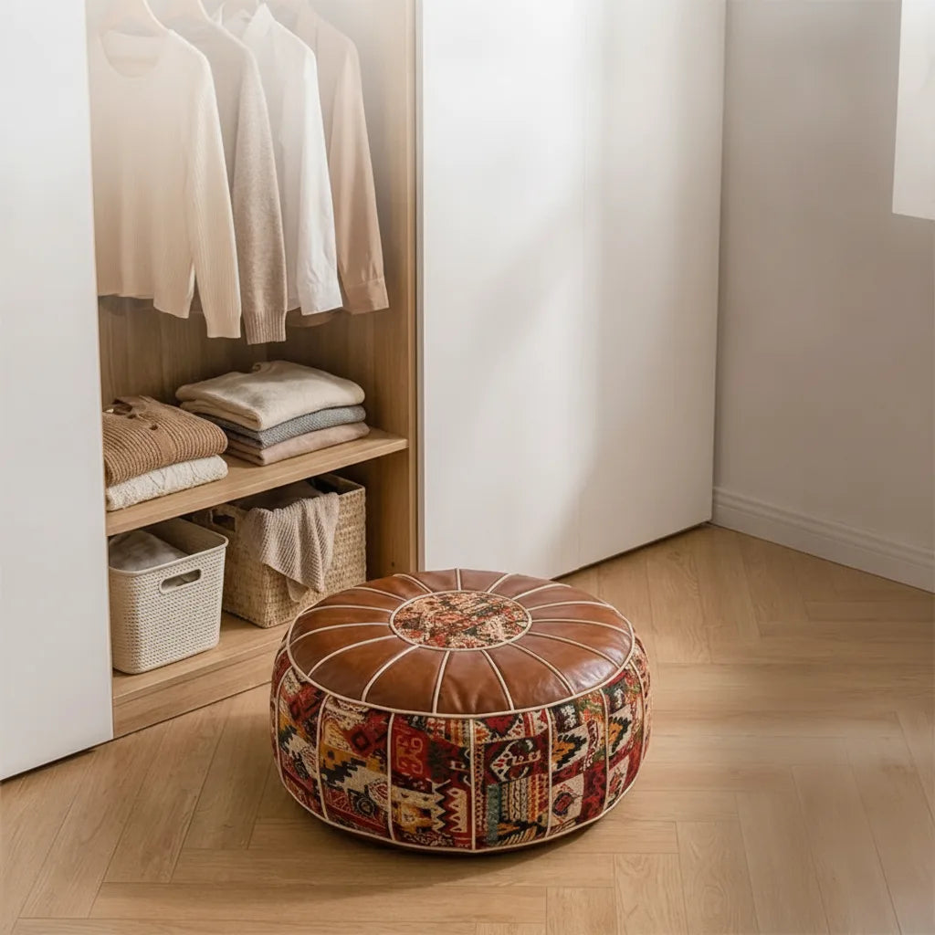 Storage Ottoman Kilim Patchwork Padded Faux Leather Seat