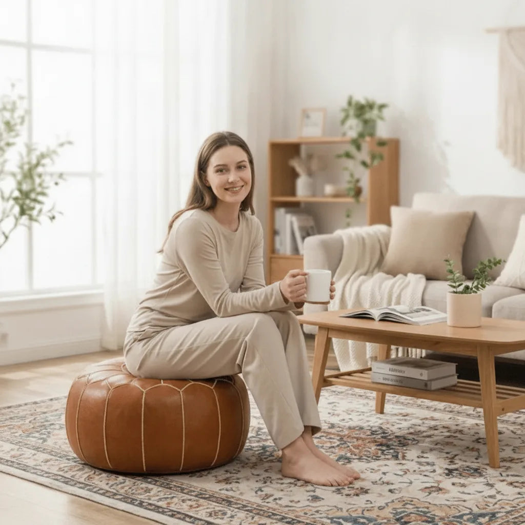 Storage Pouf Hand-Embroidered Hidden Storage & Water-Repellent Faux Leather