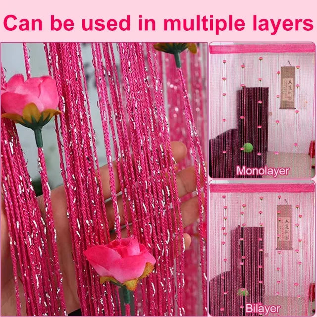 String Curtain Silk Roses Silver Wire No-Drill