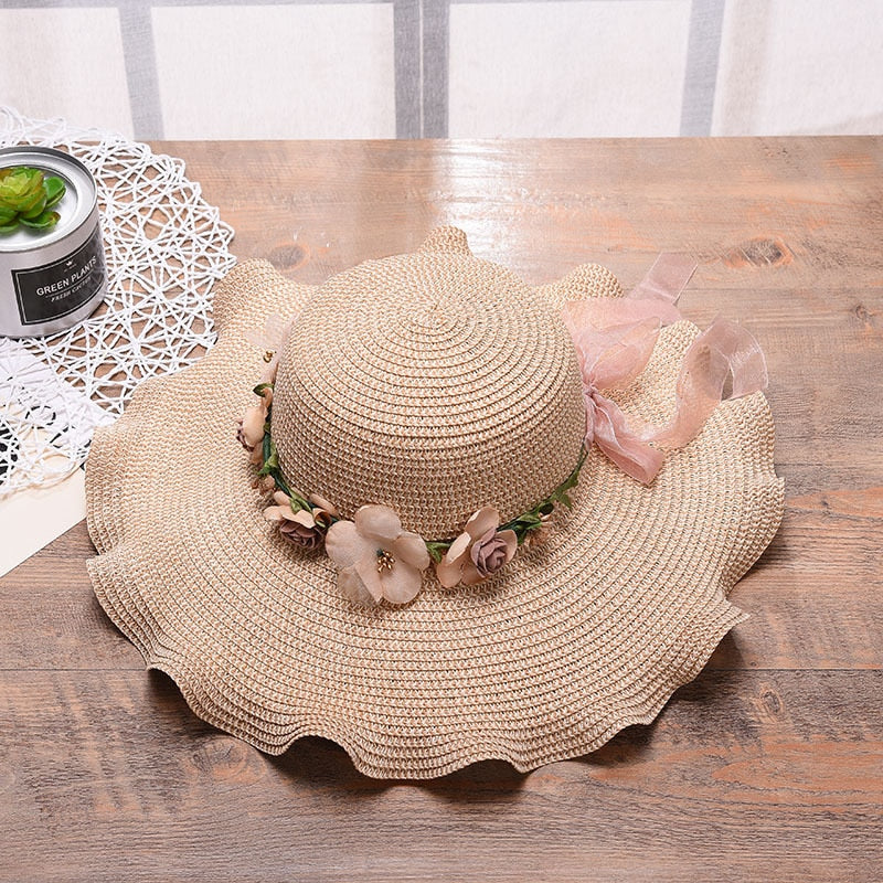 Sun Hat Wide Brim Breathable Floral Trim