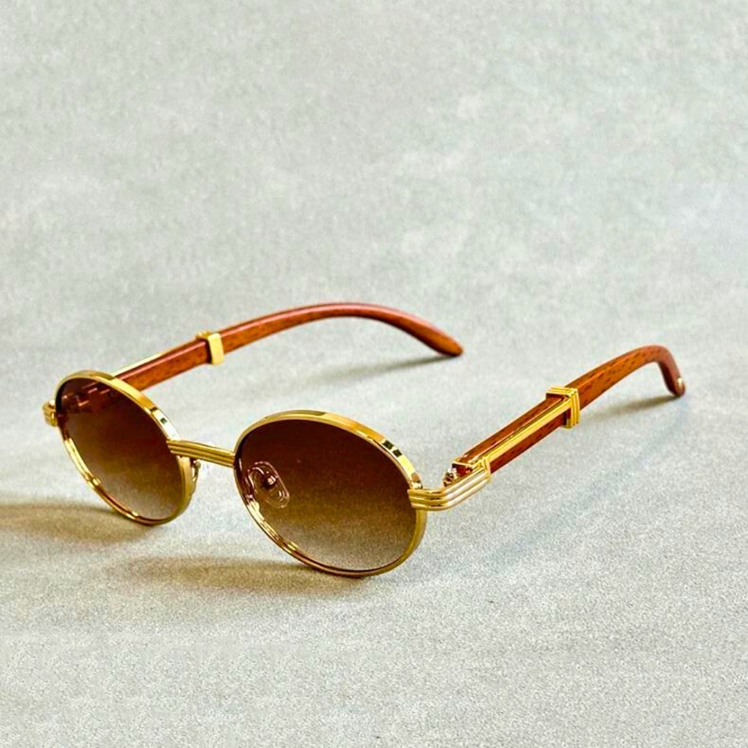 Sunglasses Oval Wooden Frame Lightweight UV Protection