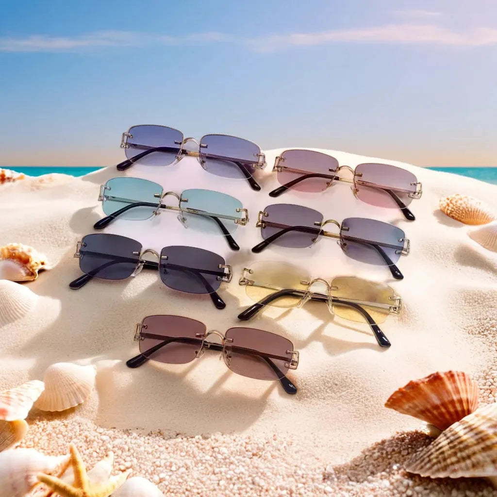 Sunglasses Rimless Rectangular Lightweight Metal Temples & UV Protection