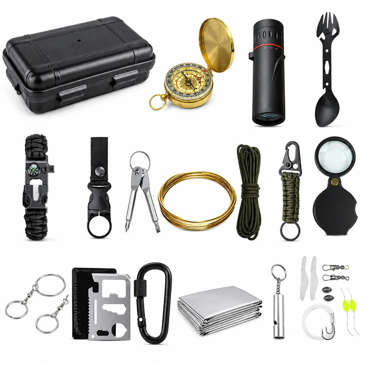 Survival Kit 13-Piece Luminous Compass & Waterproof Case