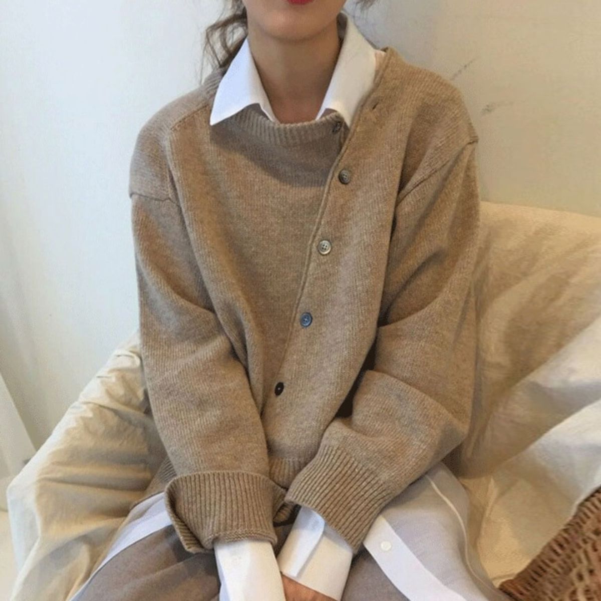 Sweater Cashmere Asymmetric Button Placket
