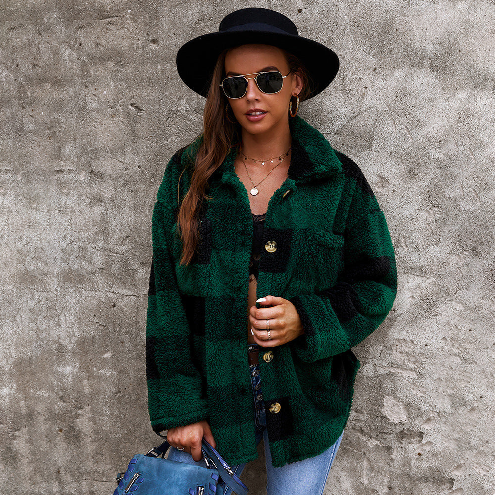Sweater Coat Checkered Plush Fur Collar