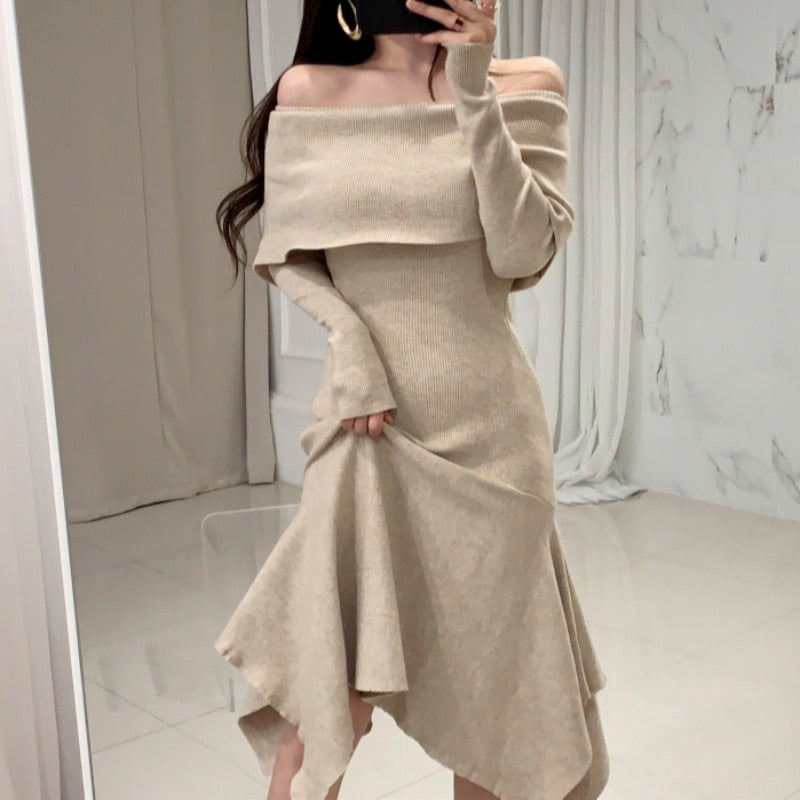 Sweater Dress Soft Knit Ruffle Hem One Size