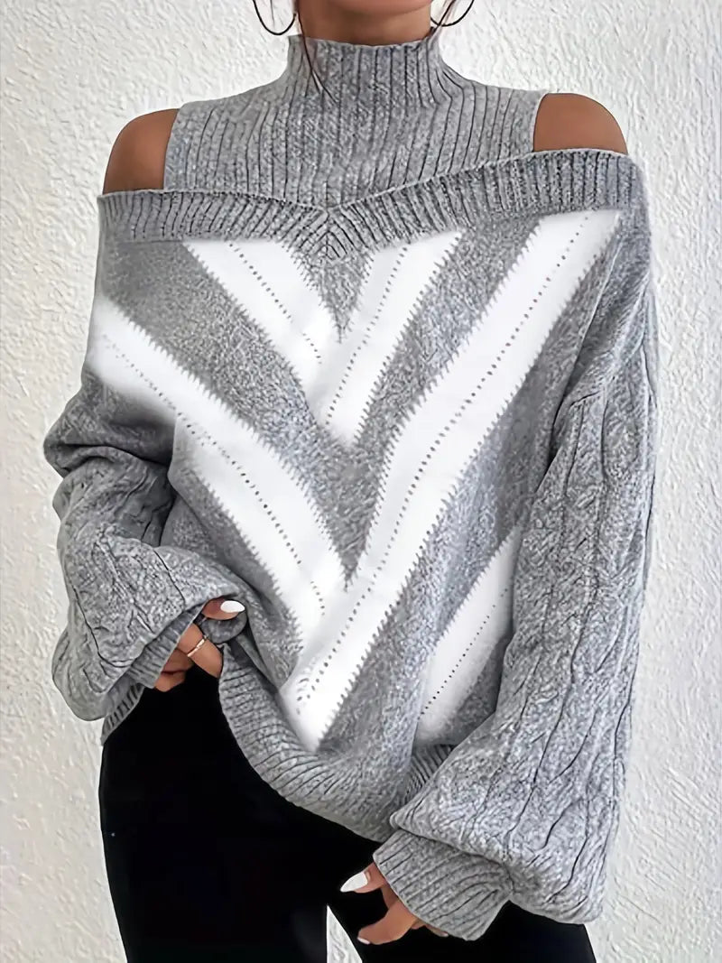 Sweater Geometric Knit Cold Shoulder Turtleneck