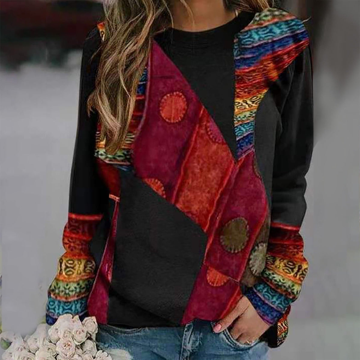 Sweater Vintage Bohemian Print All-Season Plus Sizes